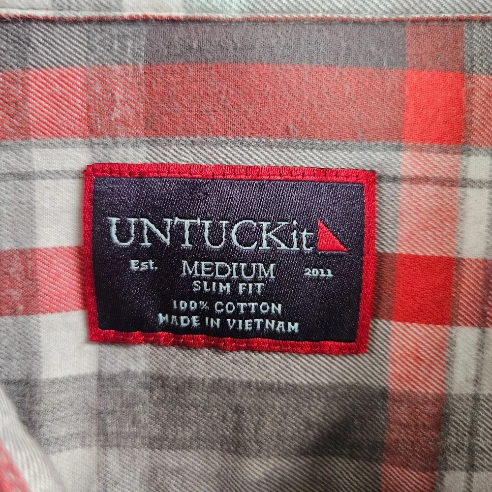 Untuckit Shirt Men Medium Slim Fit Button Up Long Sleeve Gray Red Plaid Pls Read